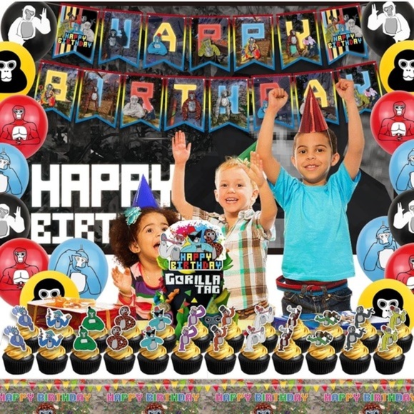 Gorilla BDay Party -Banner Cake & Cupcake Toppers Balloons Backdrop & Tablecloth - Picture 6 of 12